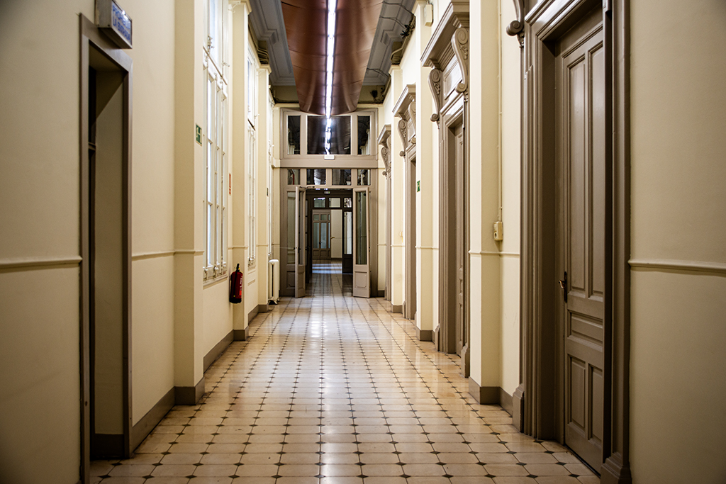 Pasillo largo con puertas a los lados y luz natural entrando desde el techo.